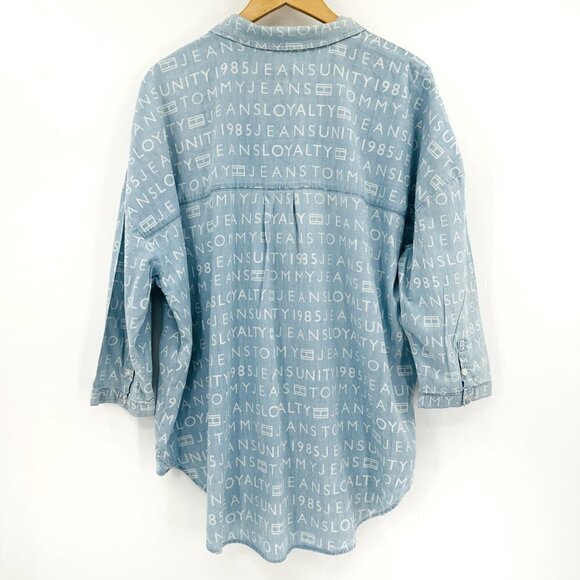 Tommy Hilfiger Chambray Spell Out 3/4 Sleeve Relaxed Y2K Button Front Large Top - Picture 4 of 7